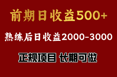 前期日收益500，熟悉后日收益2000左右，正 规项目，长期